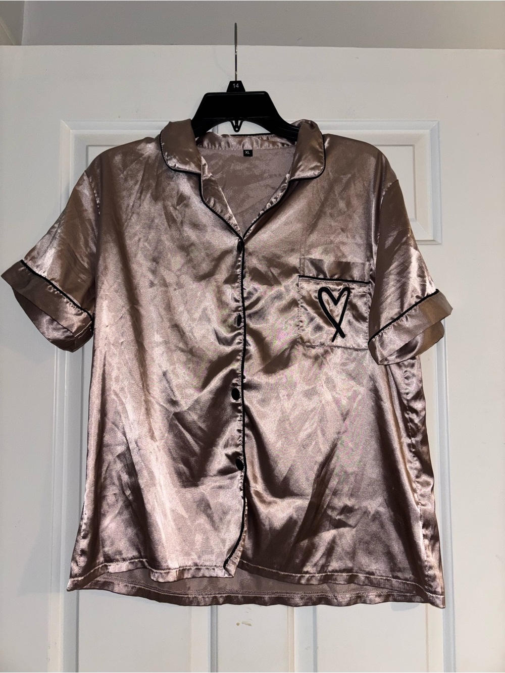Satin Short-Sleeve Pajama Top - Rose Gold with Black Trim